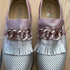 Gabor Metallic Pink and Silver Slip-On Loafers with Chain Fringe Detail